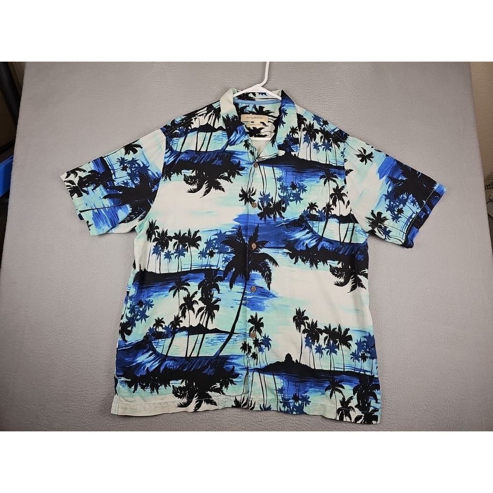Tommy Bahama Hawaiian 100% Silk Shirt Men's XL Blue Original Fit Palm Trees
